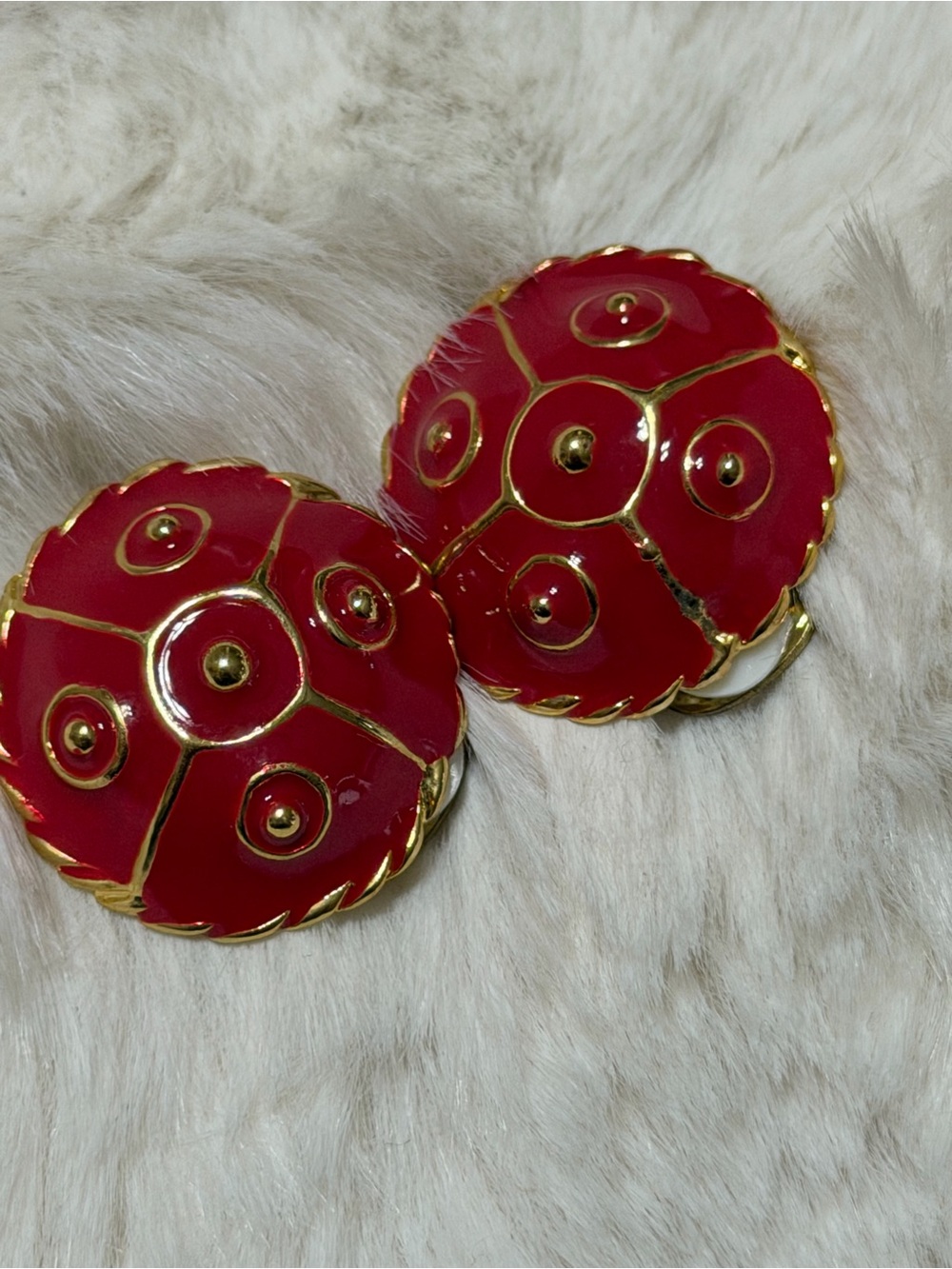 Red Enamel Dome Clip-On Earrings - Gold Accents